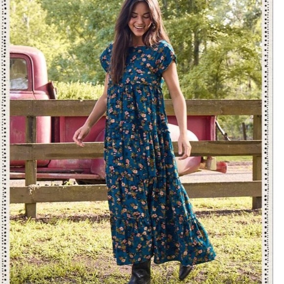 Natural Life Sz S Berkley Corduroy Teal Blue Square Neck Short Sleeve Maxi Dress - Picture 2 of 11